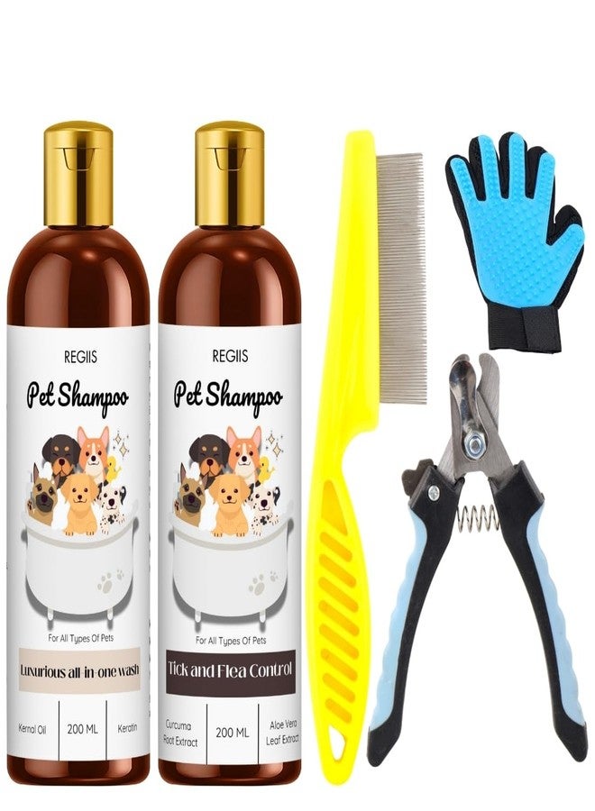 REGIIS Pet Grooming Kit, Dog Shampoo Set with Tick and Flea Control, Luxurious All-in-One Wash, Grooming Glove, Comb, Nail Clipper, 5 Pieces - Image 1
